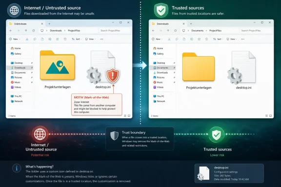 Diagram showing Windows “Mark-of-the-Web” blocked from untrusted internet sources and removed in trusted folders.