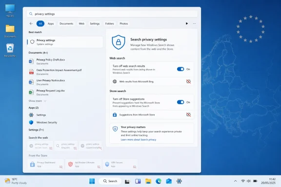 Windows Search privacy settings screen with options to manage web and Store search privacy. Windows Search privacy settings screen with options to manage web and Store search privacy.