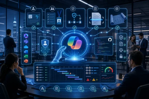 Futuristic office meeting with holographic cloud security and document icons over a central data dashboard.