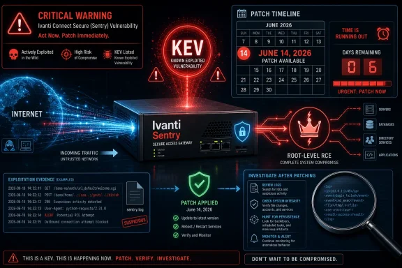 Cybersecurity poster warning of an Ivanti Sentry KEV exploit with patch timeline, root-level RCE risk, and mitigation steps.