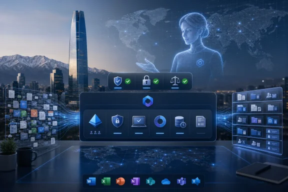 Futuristic office tech scene with a blue hologram showing cloud security, documents, and network connections over a city skyline.