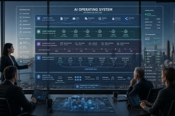 Executives review an illuminated “AI Operating System” dashboard with enterprise analytics in a high-tech boardroom.