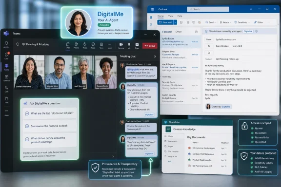 Collaboration dashboard shows an AI agent “DigitalMe” drafting an email alongside meeting chat and documents.