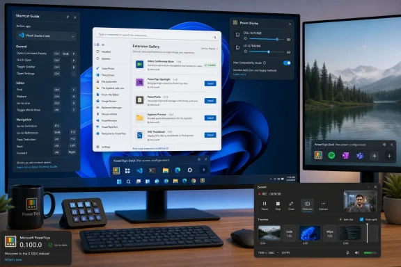 Desktop screen shows Microsoft PowerToys extension gallery and dock panels on a Windows 11 setup. Desktop screen shows Microsoft PowerToys extension gallery and dock panels on a Windows 11 setup.