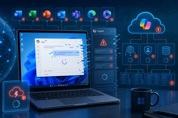 Cloud computing and productivity apps displayed beside a laptop with warning alerts and Copilot-like UI.