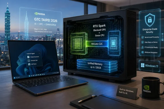 NVIDIA GTC Taipei 2026 tech display with laptop, RTX Spark server hardware, and AI security features.