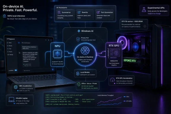 On-device AI interface shows Windows AI runtime, NPU/RTX acceleration, and privacy-first local inference. On-device AI interface shows Windows AI runtime, NPU/RTX acceleration, and privacy-first local inference.