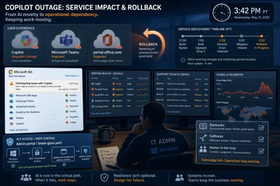 IT admin monitors a Copilot service outage dashboard showing rollback in progress and degraded Microsoft services. IT admin monitors a Copilot service outage dashboard showing rollback in progress and degraded Microsoft services.