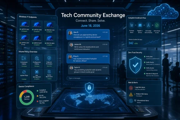 Digital dashboard for “Tech Community Exchange” showing device compliance, autopilot flow, and security risk alerts.