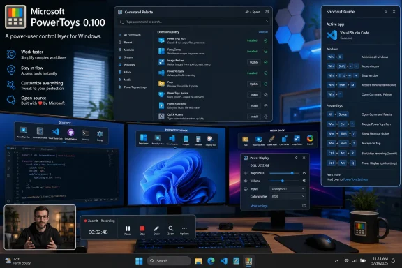 Microsoft PowerToys 0.100 Windows command palette and shortcut guide shown on a desktop screen.