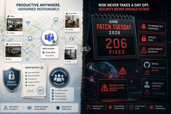 Split-screen shows secure remote work with governance/privacy icons versus a “June Patch Tuesday 2026” cybersecurity alert.