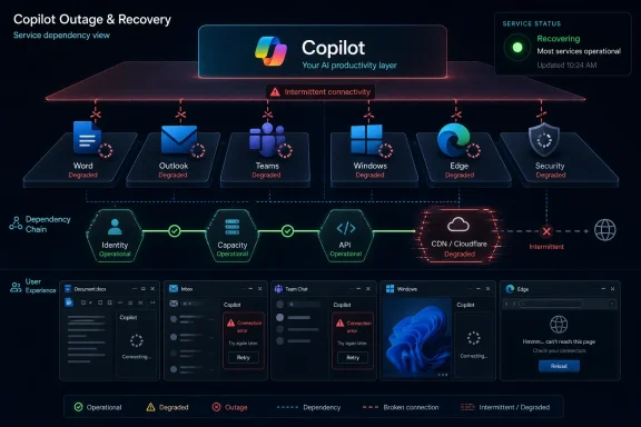 Microsoft Copilot outage recovery dashboard showing degraded services and intermittent connectivity across apps. Microsoft Copilot outage recovery dashboard showing degraded services and intermittent connectivity across apps.