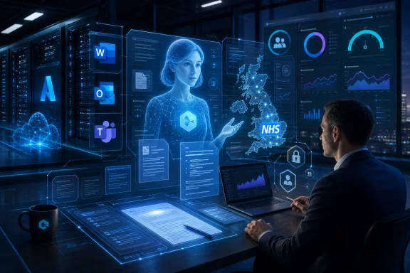 A businessman reviews cloud-based NHS data on a holographic computer screen in a high-tech server room. A businessman reviews cloud-based NHS data on a holographic computer screen in a high-tech server room.