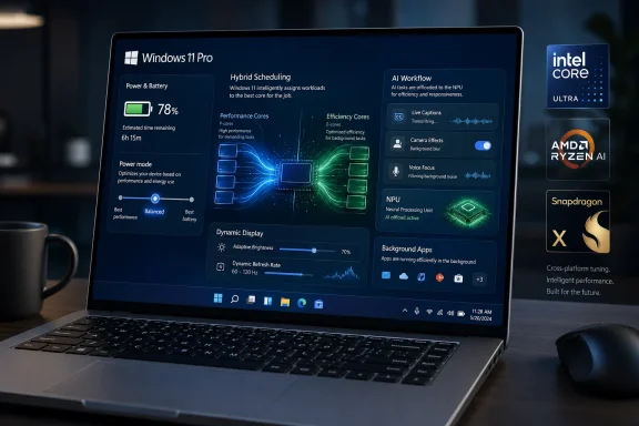 Laptop screen shows Windows 11 Pro performance and AI features with Intel/Core and AMD/Ryzen branding.
