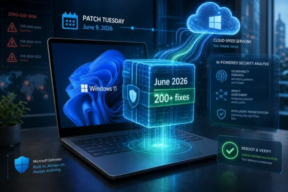 Digital graphic showing Patch Tuesday June 2026 security updates for Windows 11 with cloud protection.