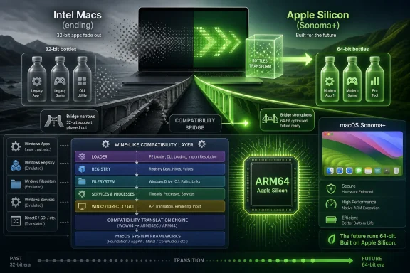 Infographic comparing Intel Macs ending 32-bit support with Apple Silicon’s Sonoma+ running 64-bit apps.