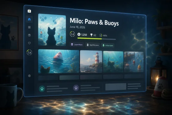 Gaming UI showing “Milo: Paws & Buoys” with underwater cat-themed thumbnails and stats on a screen.