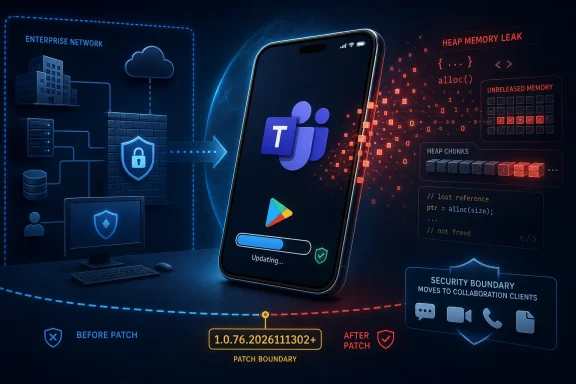 Graphic shows secure app update moving to collaboration clients and a heap memory leak fixed after a patch.