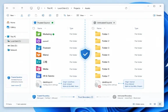 Windows File Explorer showing a trusted vs untrusted boundary with folder lists and trust settings. Windows File Explorer showing a trusted vs untrusted boundary with folder lists and trust settings.