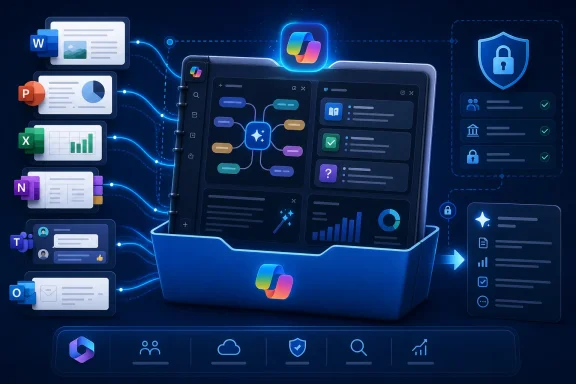 Blue digital folder with app icons and network lines, featuring secure data and document analytics.