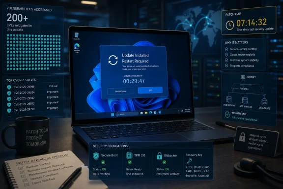 Security update dashboard shows “Update Installed, Restart Required” on a laptop with patch status panels around.