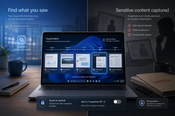 Laptop screen shows “Visual timeline” and privacy warnings for sensitive snapshot content in a secure work setup.