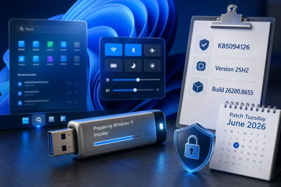 Windows 11 update preparation theme with a USB installer, Windows interface icons, and patch calendar.