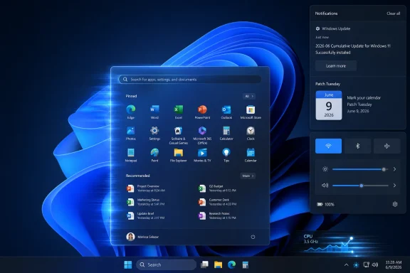Windows 11 desktop showing the start menu with pinned apps and notification tiles.