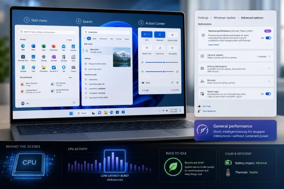 Laptop screen shows Windows 11 Start menu search and performance settings with “General performance” optimization.