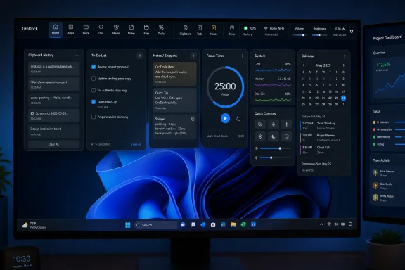 A desktop monitor showing a blue-themed productivity dashboard with tasks, timer, and system stats.