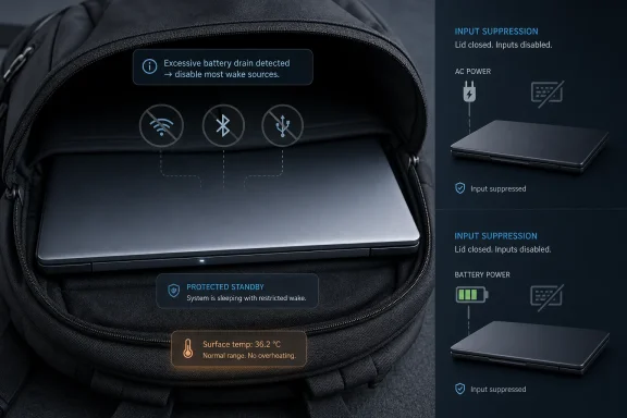 Close-up of a laptop in a bag showing power-saving notifications like input suppression and standby mode.