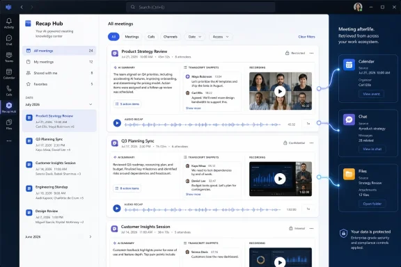 Screenshot of a Recap Hub dashboard showing meeting summaries, transcripts, recordings, and calendar/chat panels. Screenshot of a Recap Hub dashboard showing meeting summaries, transcripts, recordings, and calendar/chat panels.