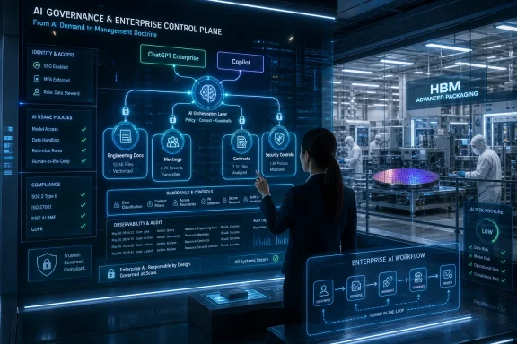 A businesswoman in a lab views a glowing AI governance dashboard over an enterprise control panel.