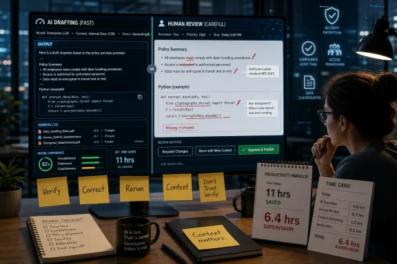 AI drafting and human review dashboard screens with security/compliance icons and productivity timers in a dark office.