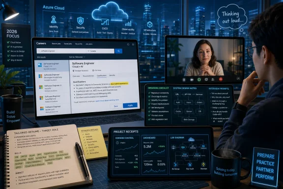 Collage of Azure cloud hiring dashboard, video interview, and project metrics in a futuristic tech workspace.
