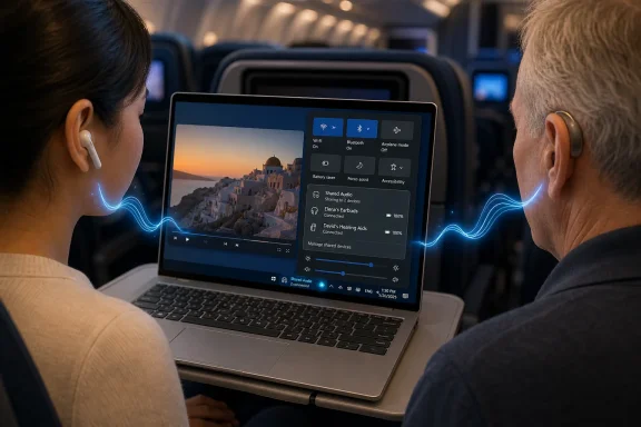 Two passengers watch a laptop display showing shared audio and accessibility controls during travel.