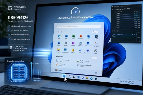 A Windows 11 laptop display shows a Patch Tuesday security update KB5094126 with CPU graphs and app tiles. A Windows 11 laptop display shows a Patch Tuesday security update KB5094126 with CPU graphs and app tiles.
