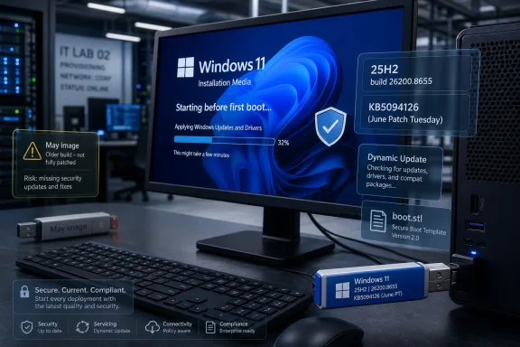 Windows 11 installation media screen on a monitor in a server room, showing 32% update progress.