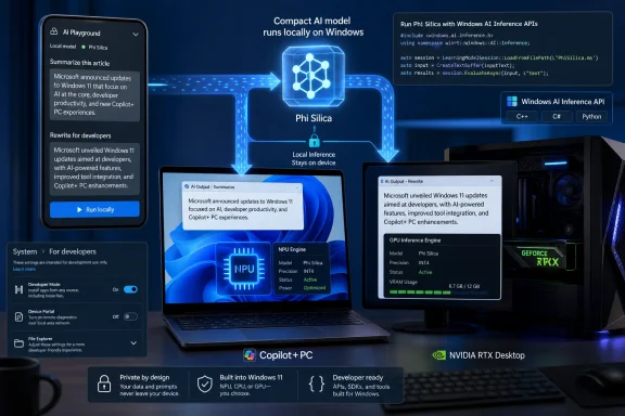Diagram shows Phi Silica compact AI running locally on Windows AI Inference APIs with Copilot+ PC and RTX Desktop.