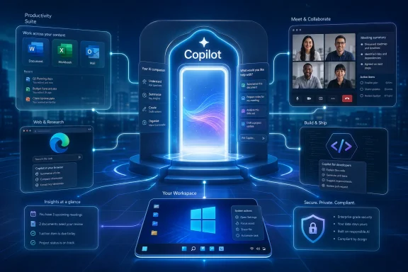 Futuristic “Copilot” workspace shows productivity, meetings, and secure AI tools across a glowing interface.