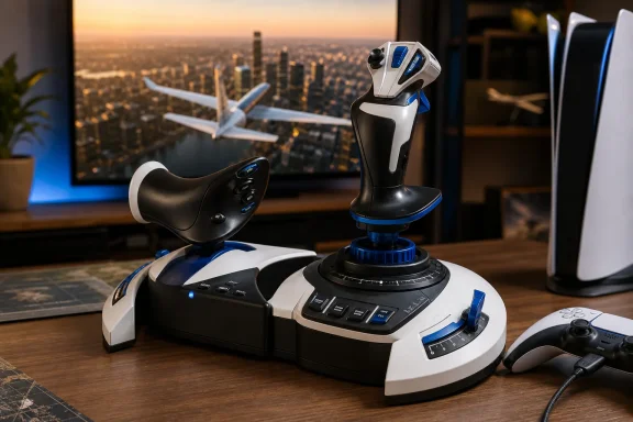 Futuristic joystick-like game controller with a city skyline and airplane in the background.