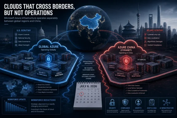 Infographic showing Azure’s global vs China operations, with separate compliance and security controls. Infographic showing Azure’s global vs China operations, with separate compliance and security controls.