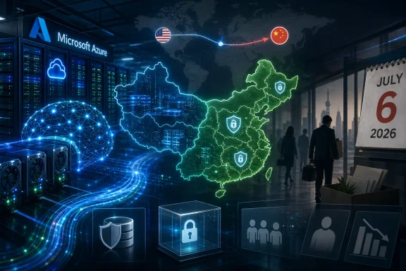Digital network scene with Microsoft Azure branding, glowing US-China routes, and cyber security icons on a server room map. Digital network scene with Microsoft Azure branding, glowing US-China routes, and cyber security icons on a server room map.