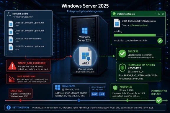 Windows Server 2025 update management graphic showing WUSA error fix KB5094125 and successful installation.