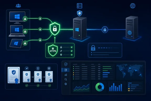 Secure cloud network diagram with HTTPS shield and server protection icons.