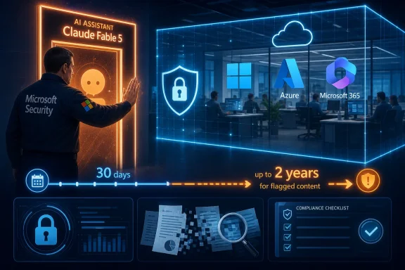 Microsoft Security concept art showing AI, Azure and 365 protections with compliance checks and flagged-content timeline.