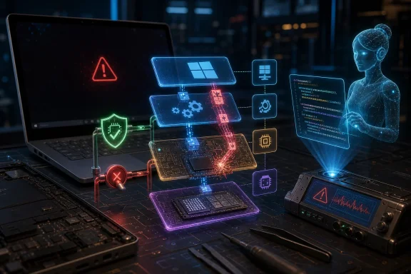 Glowing cybersecurity dashboard and AI figure protect a laptop circuit with warning and system icons.