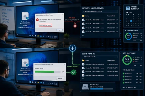 IT technician managing a Windows update rollout, showing a failed WUSA error and local/backup progress dashboards.