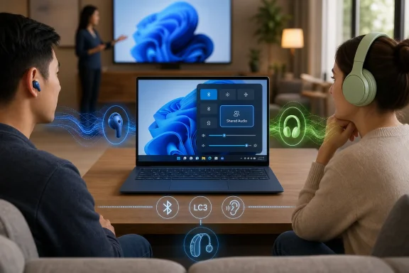 Two people listen together using laptop “Shared Audio” with Bluetooth and green sound-wave effects. Two people listen together using laptop “Shared Audio” with Bluetooth and green sound-wave effects.