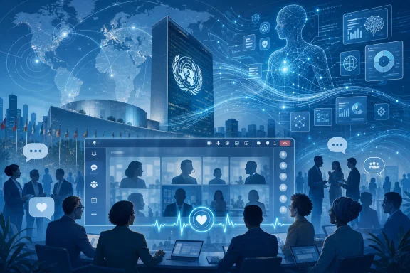 Blue tech-themed meeting with global data, AI analytics, and a heart-health dashboard overlay.